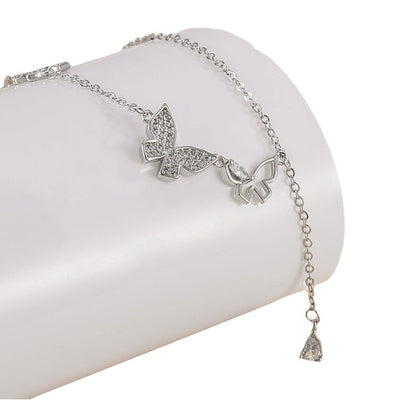 Three Butterfly Tassel Necklace Diamond-embedded Zircon High-grade Daily Simple All-match Niche Female Valentine's Day Clavicle Chain