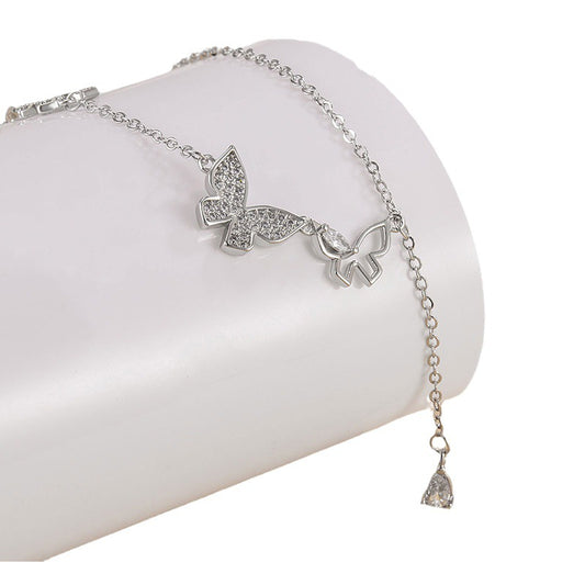 Three Butterfly Tassel Necklace Diamond-embedded Zircon High-grade Daily Simple All-match Niche Female Valentine's Day Clavicle Chain