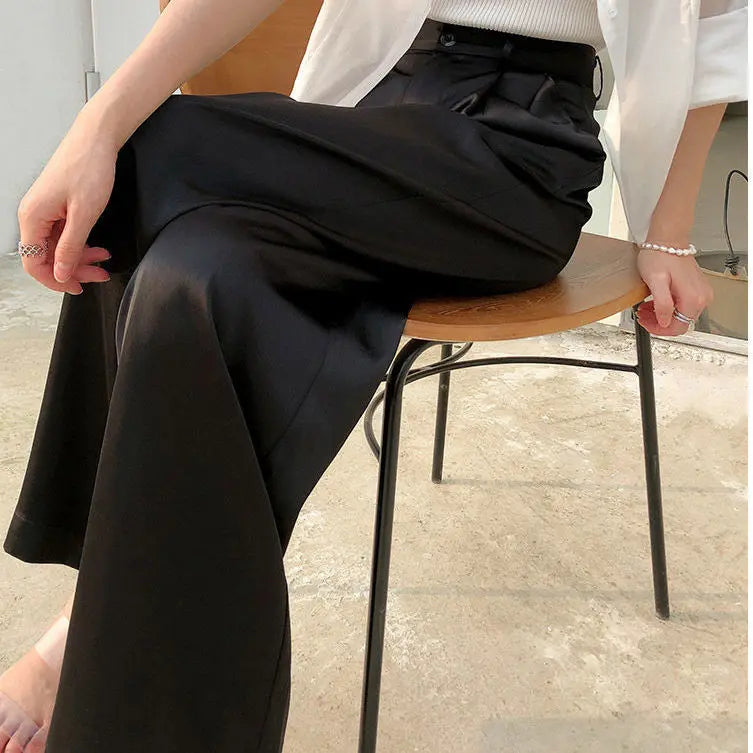 Acetate Satin Straight-leg Wide-leg Pants Women's Pendant Spring And Summer Look Thin Imitation Silk Loose Korean Style Wear Black Long Pants