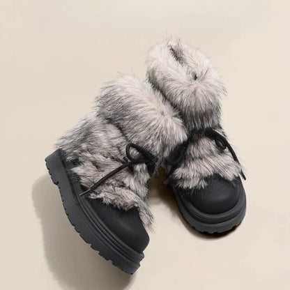 Women's Fluffy Lace-Up Chunky Platform Winter Boots
