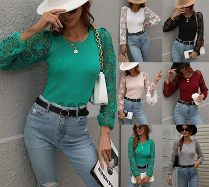 A collage of women modeling long-sleeve lace-trim knit tops in multiple colors, paired with light-wash jeans and accessorized with hats, sunglasses, and handbags, against a gray wall background.