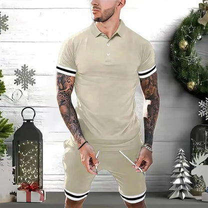 Men’s polo shirt & shorts set available in black, navy blue, gray, white, light blue, and dark green – featuring white stripe accents, breathable fabric, and versatile styling