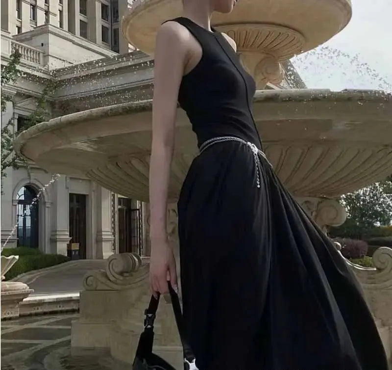 Versatile Round Neck Mid-length Dress Ribbed Solid Color Casual Large Skirt Design Waist Sleeveless Long Skirt Summer