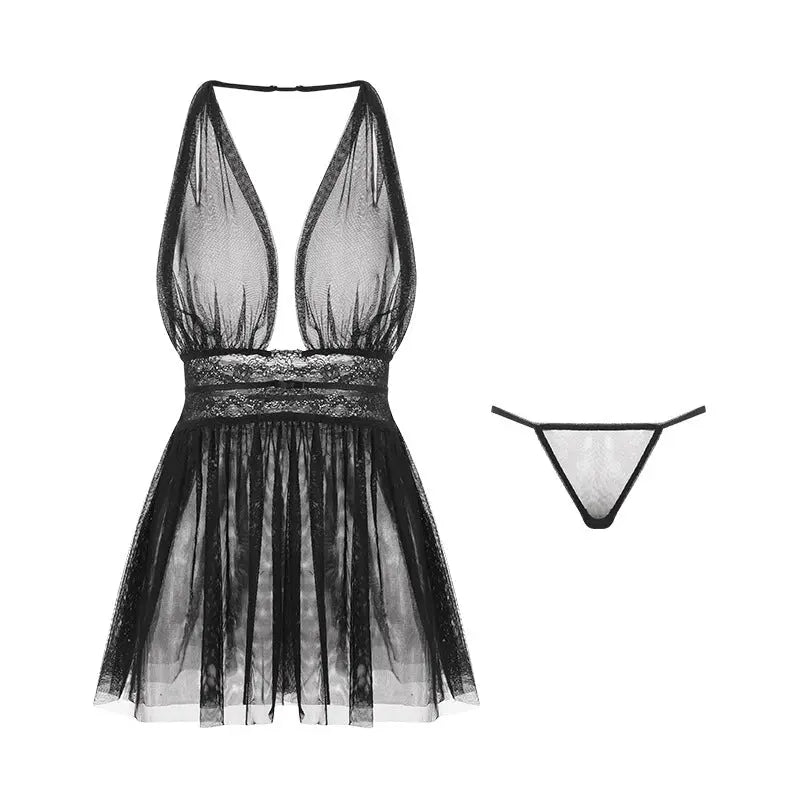 Rose Erotic Lingerie Pure Color Comfortable Pajamas Large Size Suspenders Nightdress Women's Mesh Backless Home Service Set 630