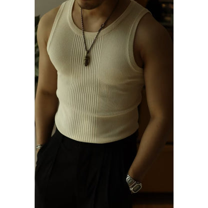 Retro Sports Fitness Outer Wear Men&#039;s Solid Color Bottoming Knitted Vest Male Youth Summer