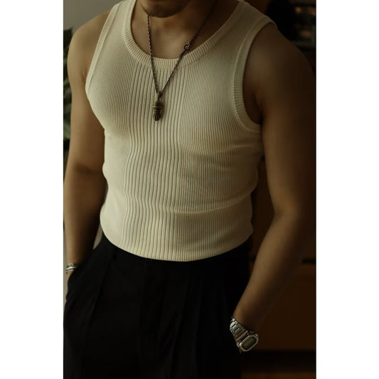 Retro Sports Fitness Outer Wear Men&#039;s Solid Color Bottoming Knitted Vest Male Youth Summer