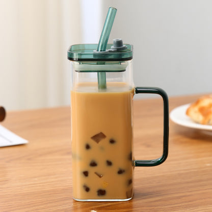 Square Glass Cup With Color Handle Milk Juice Cup Transparent Simple Household Cup Borosilicate Glass Water Cup