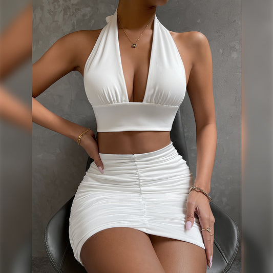 Women&amp;#039;s Two-piece Halterneck Tie Wrap Hip Skirt Sexy Umbilical Exposed Pleated V-neck Suspender Skirt