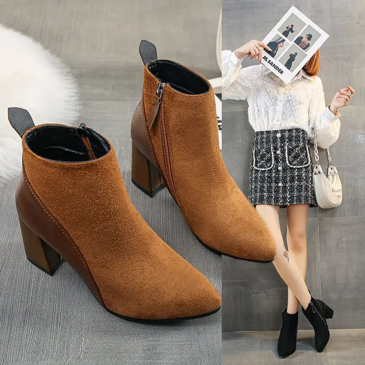 Women's Boots Spring And Autumn Thick Heel Pointed Toe European And American Large Size 41-44Ladies Boots Leather Stitching