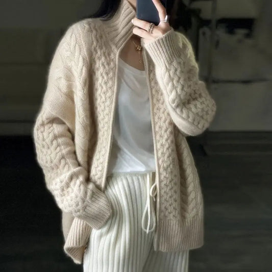 Heavyweight Thick Cashmere Sweater Women's Turtleneck Zipper Sweater Cardigan Lazy Loose Short Wool Knitted Top Coat