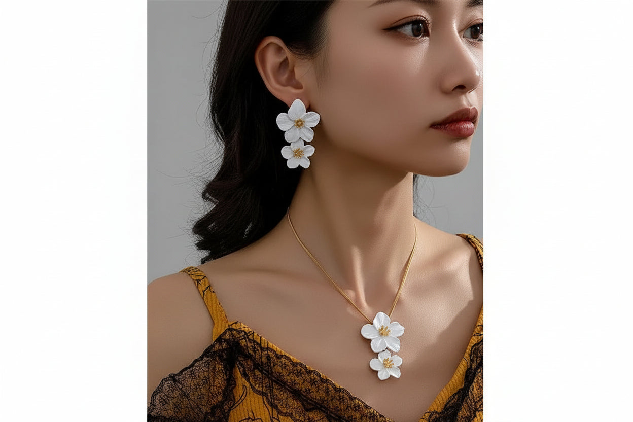 3 Piece Set Painted Flower Pendant Necklace Stud Earrings Suit Women Wear Holiday Travel Party Attendance