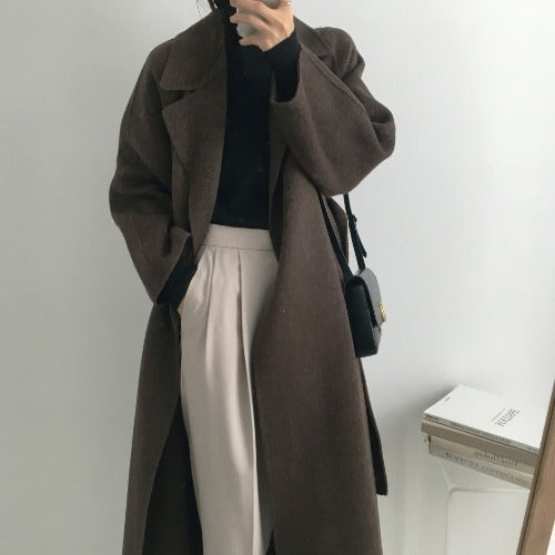 2022 Korean Autumn And Winter New Temperament Self-cultivation Lace-up Waist-over-knee Long Imitation Cashmere Woolen Coat Women&#039;s