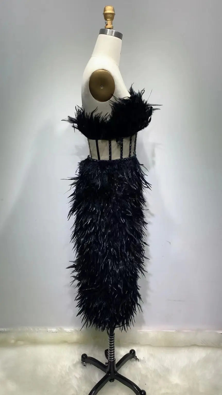 New European And American Feather Tube Top Is Thin Fishbone Sexy Irregular Dress Banquet Party Dress Heavy Industry