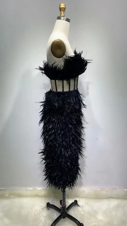 New European And American Feather Tube Top Is Thin Fishbone Sexy Irregular Dress Banquet Party Dress Heavy Industry