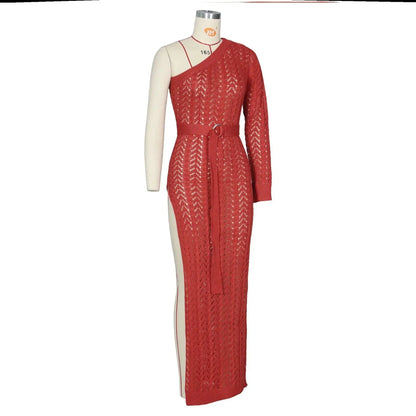 Hollow Out Sweater Dress Sexy Cross Shoulder Hollow Dress High Split Knit Dress