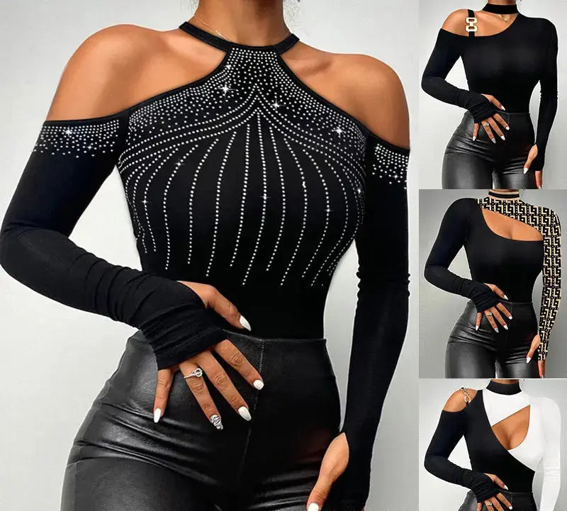 New European And American Women's Fashion Strapless Hot Diamond Long-sleeved Top