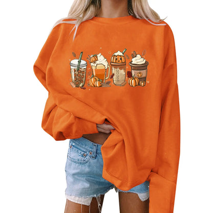 Halloween Women's Casual Printed Round Neck Loose Long Sleeve Hooded Sweatshirt Top
