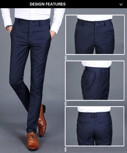 Multiple views of structured tailored trousers in navy, grey, black, and additional colours, styled with a white shirt and brown shoes, highlighting pleats, tapered legs, and buttoned back pockets
