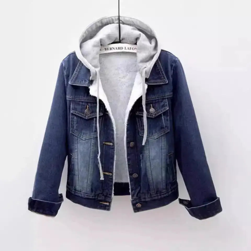 Denim Short Coat Women's Short New Long-sleeved Slim-fit Hooded Jacket All-match Student Top