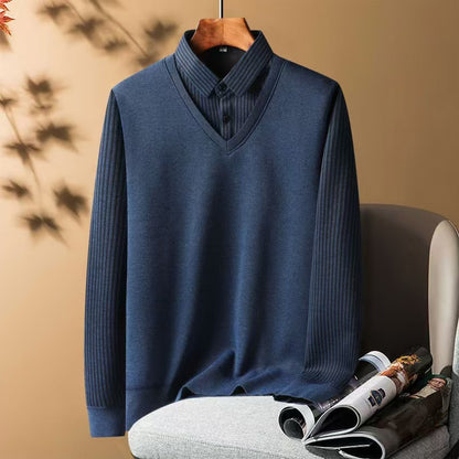 Autumn And Winter New Fake Two-Piece Shirt Men's Warm Top One-Piece Velvet Thickeneded Middle-Aged And Elderly Knitted Knitwear
