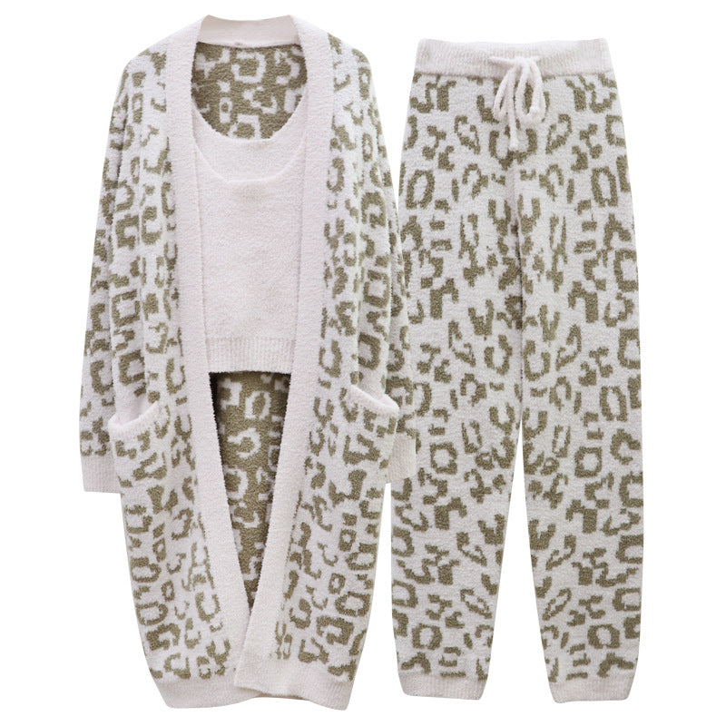 Three-piece Set Of Warm European And American Leopard Print Royal Sister Style Pajamas Women&#039;s Autumn And Winter Cardigan Wool Knitting Can Be Worn As Home Clothes