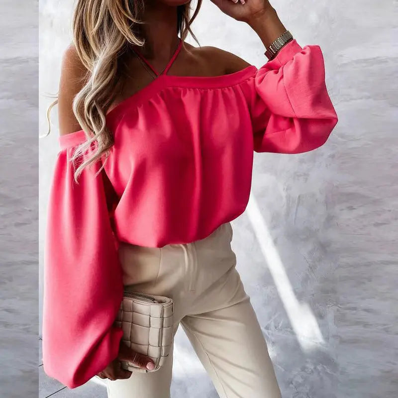 2023 Spot Autumn New Women's Clothing Solid Color Off-the-shoulder Hanging Neck Long-sleeved Fashion Casual Top T-shirt