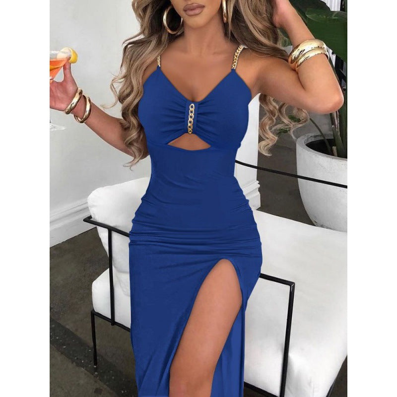 8076 European And American Autumn Clothes AliExpress Independent Station Skirt Women&#039;s Chain Shoulder Straps Slit Suspender Dress Women