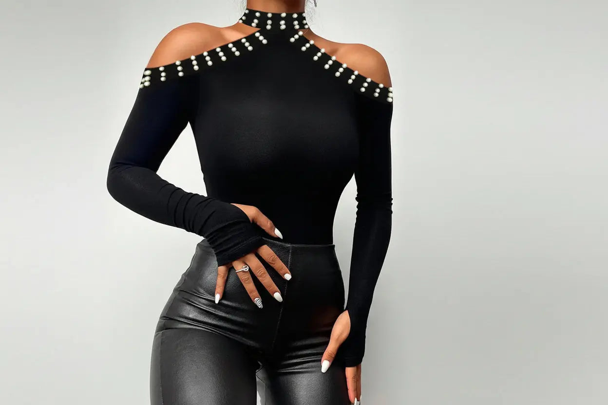 New European And American Women's Fashion Strapless Hot Diamond Long-sleeved Top