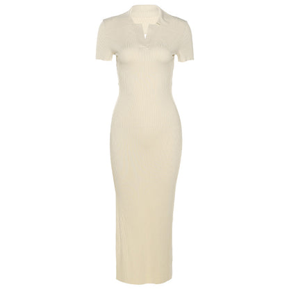 (Pre-Order) Women&#039;s Clothing Lapel Short-sleeved Sexy Backless Fashion Slim Slit Dress