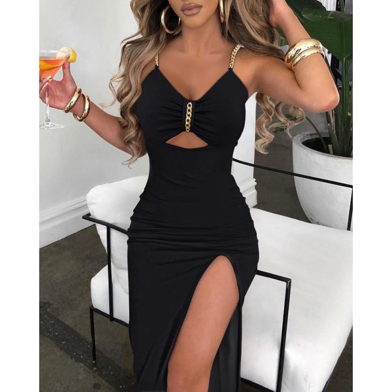 8076 European And American Autumn Clothes AliExpress Independent Station Skirt Women&#039;s Chain Shoulder Straps Slit Suspender Dress Women