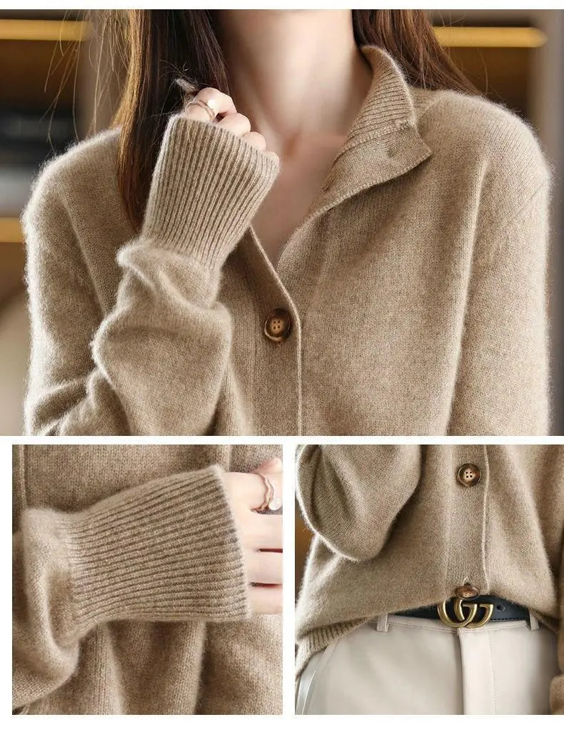 Collage of a beige cardigan with close-up details on buttons and sleeves.