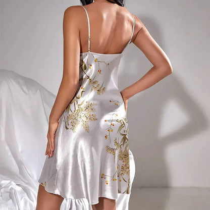 Pijama Suspensório Feminino Sexy Camisola Suspensório de Seda Fina de Verão Comprimento Médio Estampado Cereja Roupas para Casa