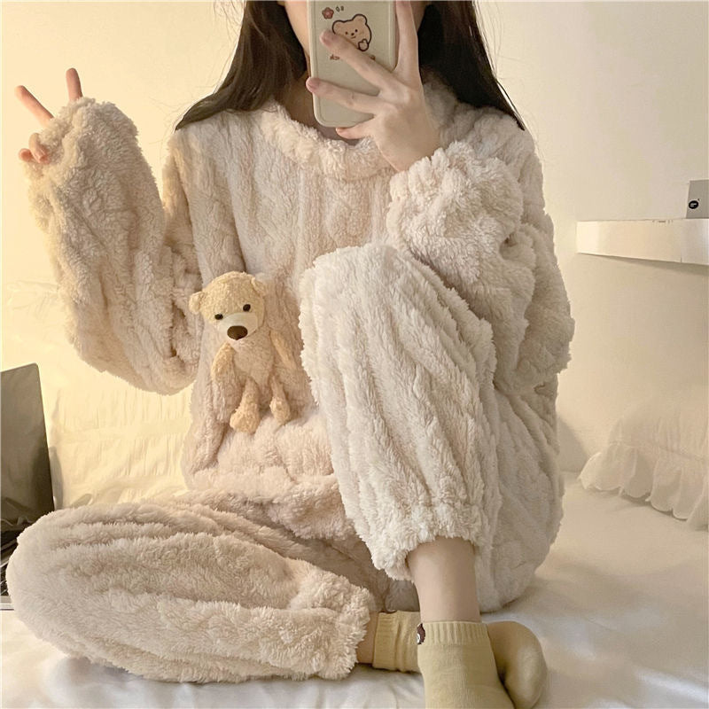 Winter Thickened Pajamas Women&#039;s Plush Cute And Sweet Plush Fleece To Keep Warm Send Puppet Bear Home Service Female Net Red Suit