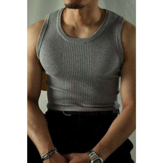 Retro Sports Fitness Outer Wear Men&#039;s Solid Color Bottoming Knitted Vest Male Youth Summer