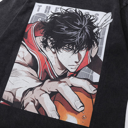 Distressed short sleeve t-shirt featuring a bold Japanese cartoon print with a hip-hop streetwear aesthetic.
