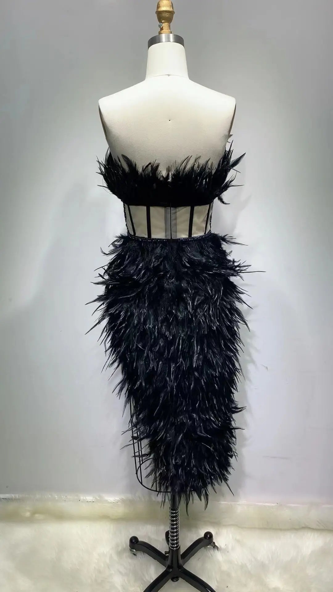 New European And American Feather Tube Top Is Thin Fishbone Sexy Irregular Dress Banquet Party Dress Heavy Industry