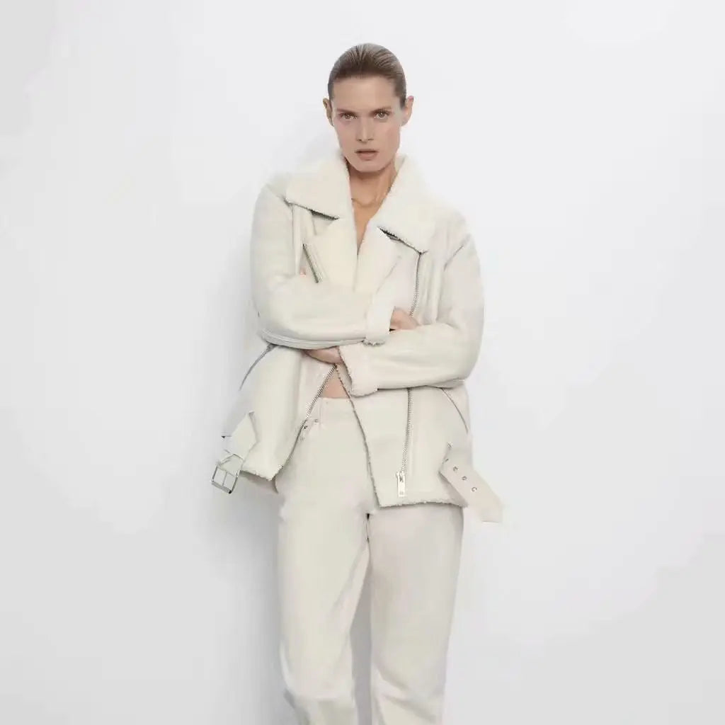 Women's Shearling-Look Belted Aviator Jacket