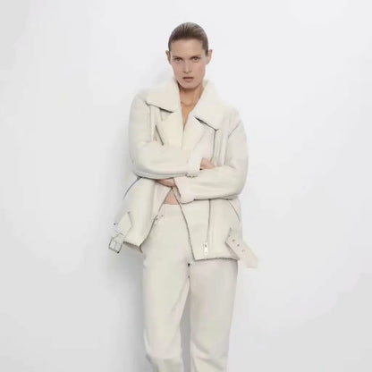 Women's Shearling-Look Belted Aviator Jacket