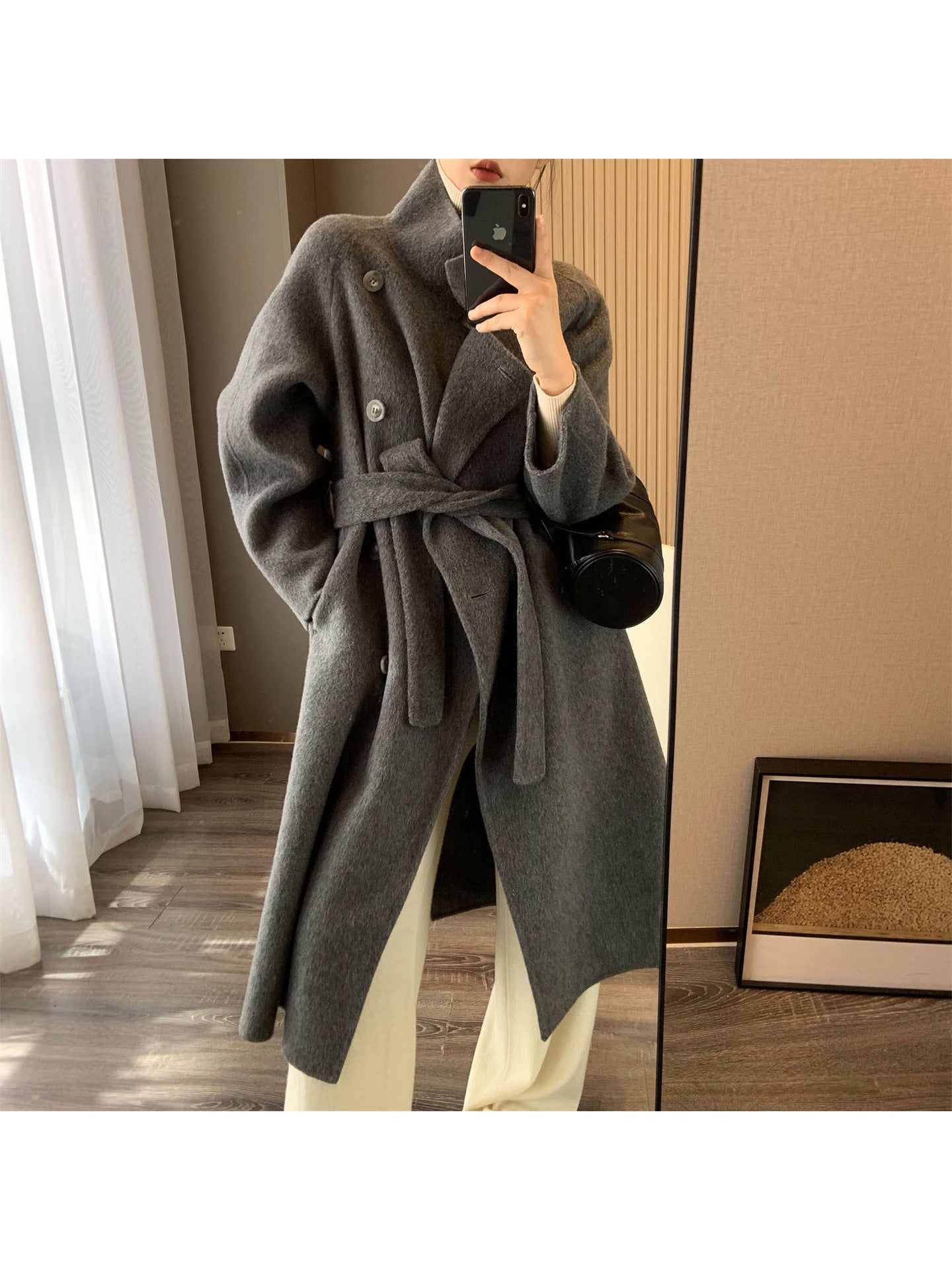100 Sheep Wool Long-haired Mid-length Double-sided Woolen Coat With Stand-up Collar And Oblique Breasted Buttons