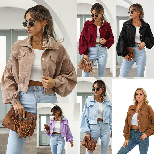 Amazon 2023 European And American Autumn And Winter Casual Lapel Corduroy Jacket Lantern Sleeve Single Breasted Short Jacket Women&#039;s Clothing
