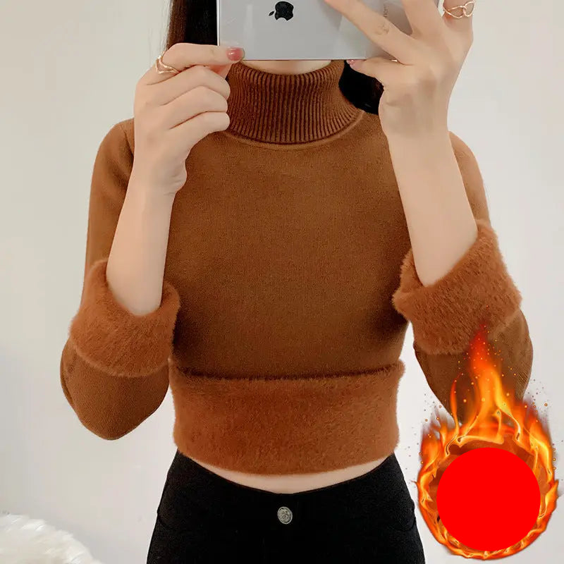 Fleece-lined Thickened Turtleneck Sweater Women's New Inner Warm One-piece Fleece Base Shirt Red New Year Sweater For Autumn And Winter