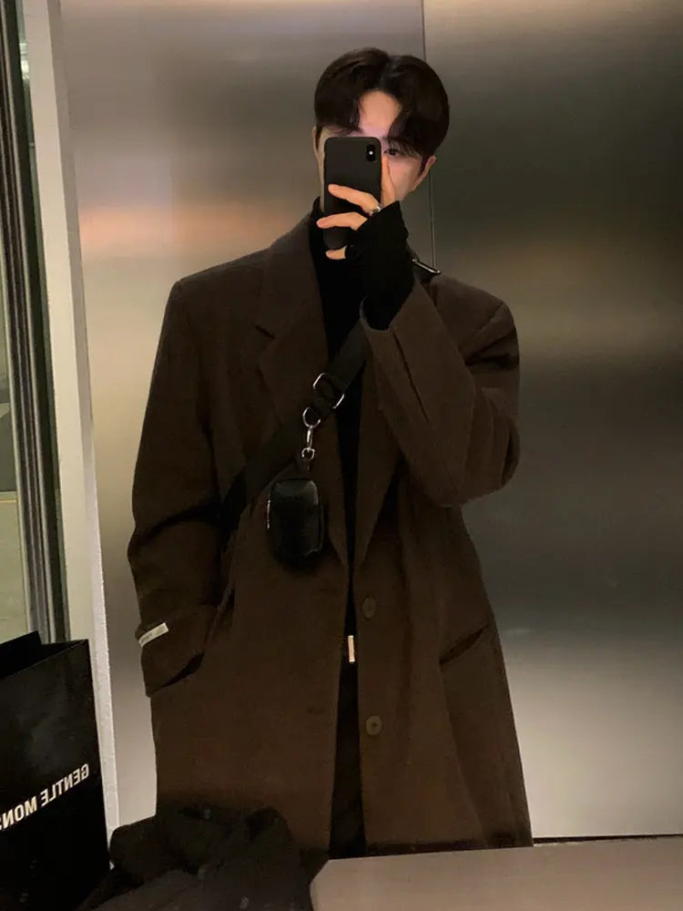 MYQ Woolen Coat Men's Winter Mid-length Knee-length Woolen Coat Korean Style Atmosphere Thickened Warm Coat