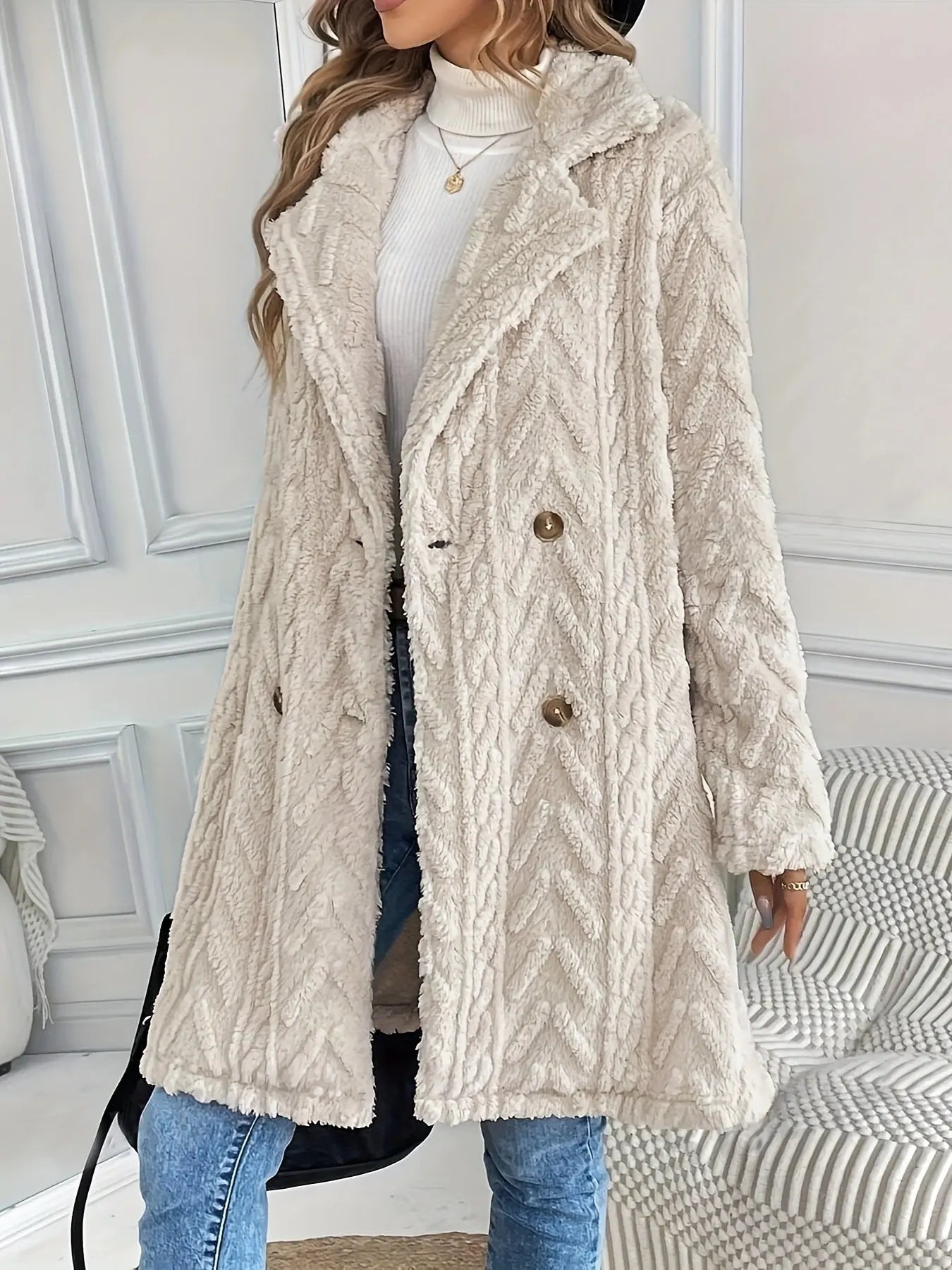 Europe And The United States Cross-border Explosions Hot Double-sided Plush Pocket Casual Double-breasted Cardigan Long Coat Women ~ Independent Station