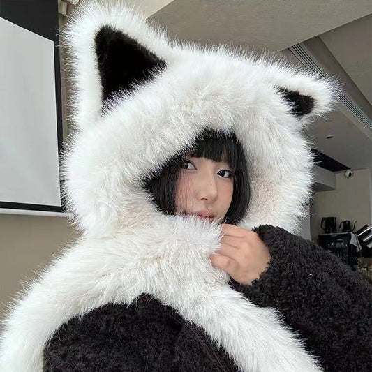 Plush Hat Scarf All-in-one Women&#039;s Winter Ear Protection Warm Hat All-match Scarf