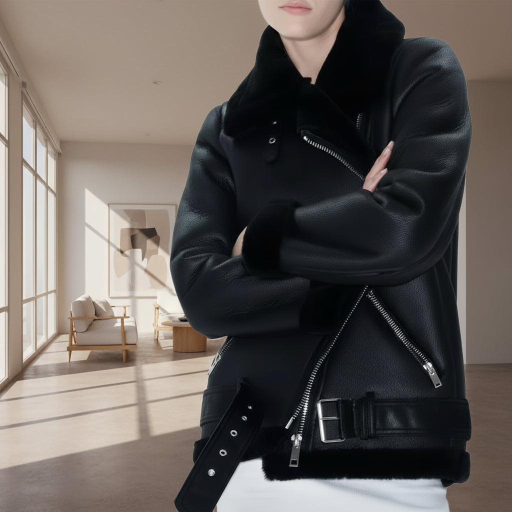 Original-2969/262 Women&#039;s Black Faux Fur Motorcycle Jacket Autumn And Winter New Loose