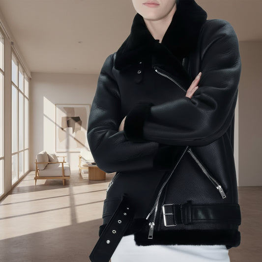 Original-2969/262 Women&#039;s Black Faux Fur Motorcycle Jacket Autumn And Winter New Loose