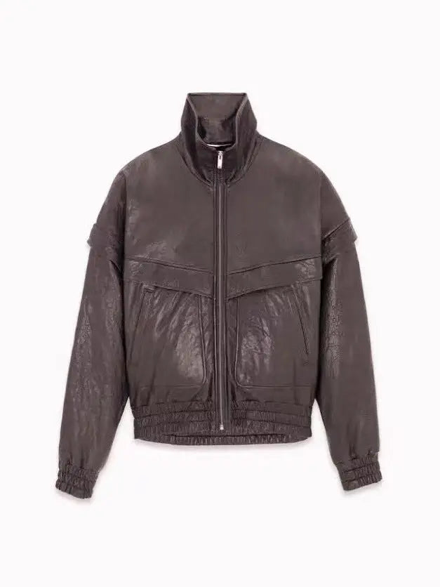 A dark brown crinkled leather jacket with a high stand-up collar, front zipper, and two large front flap pockets, shown against a plain white background.