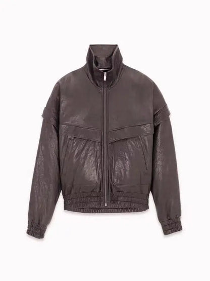 A dark brown crinkled leather jacket with a high stand-up collar, front zipper, and two large front flap pockets, shown against a plain white background.