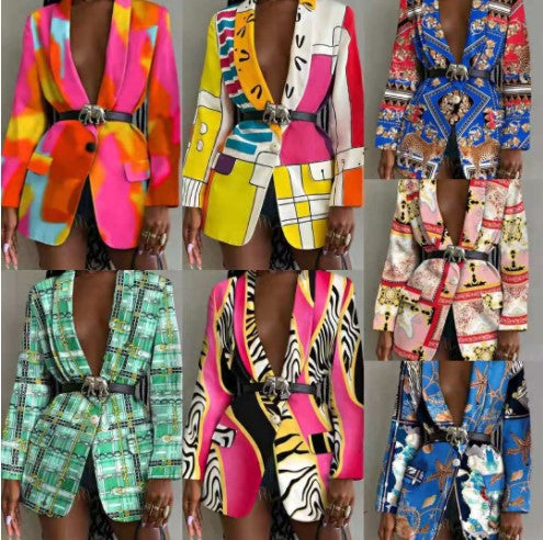 2021 European And American Autumn New Wish AliExpress Fashion Printed Shawl Collar Single-breasted Belt Suit Jacket For Women