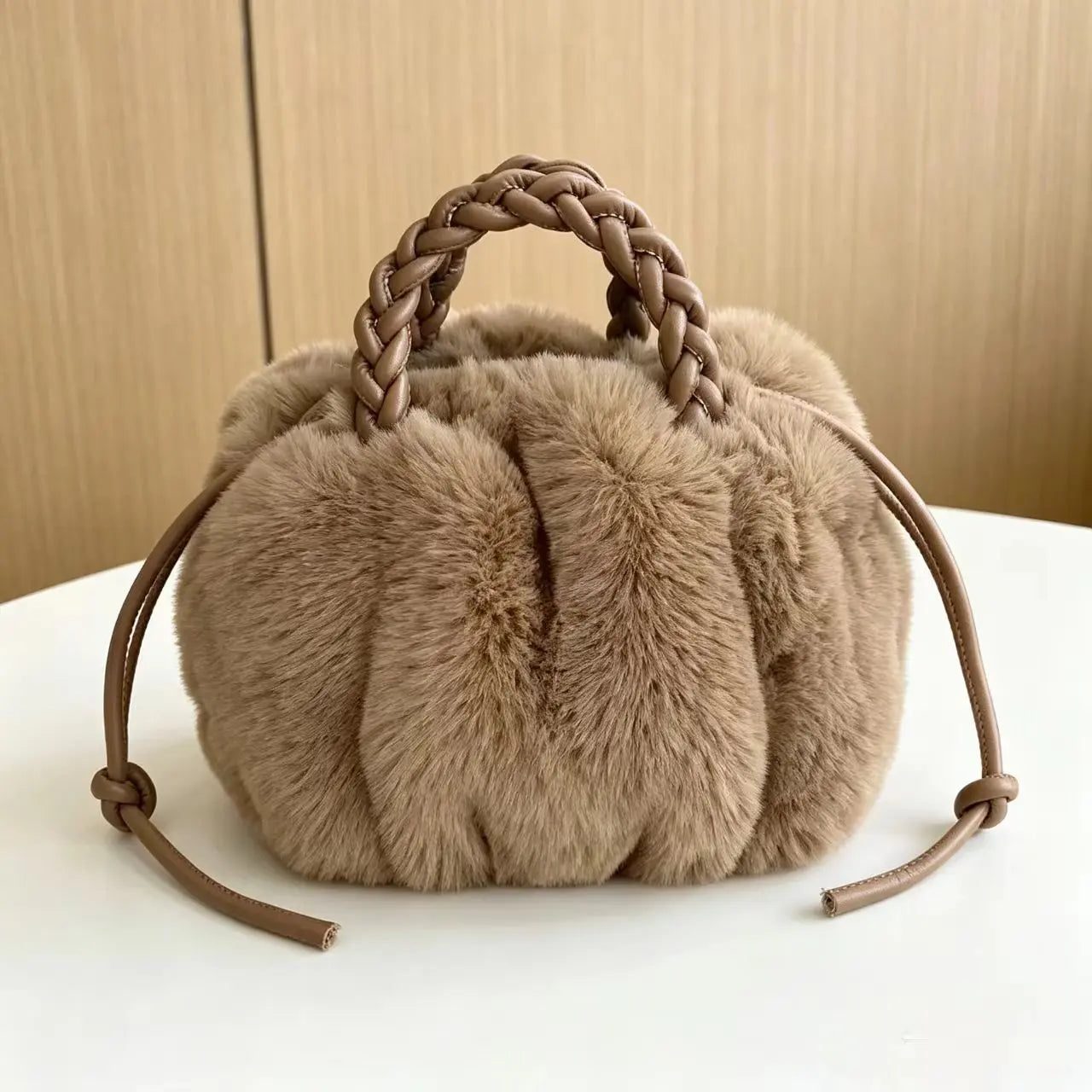 Women's Fluffy Pumpkin Handbag with Braided Handle